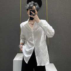 鹿鹿/白色肌理感长袖衬衫男士高级感痞帅垫肩宽松衬衣设计感小众