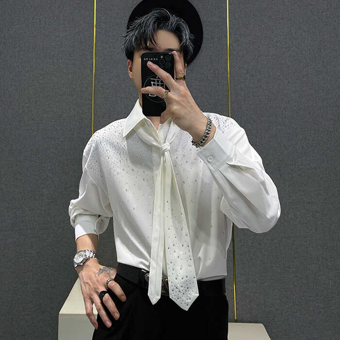 男士宽松春夏季重工烫钻冰丝衬衣