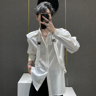 衬衣潮 男高级感痞帅宽松长袖 鹿鹿 小众设计感金属扣背带白色衬衫