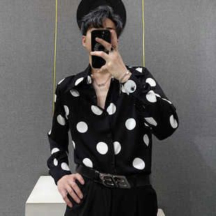 高级感黑白波点衬衫 男宽松洋气ins潮慵懒风衬衣垫肩潮流上衣痞帅