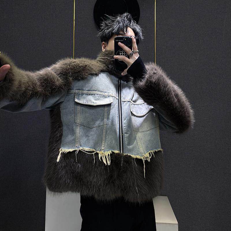 2024冬季新款原创设计毛绒拼接渐变水洗牛仔短外套男潮牌毛边皮草,男装,皮草,淘宝优惠券,粉丝福利购,淘宝优惠卷