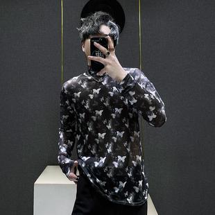 高级感长袖 网纱t恤男生蝴蝶印花休闲百搭垂感轻奢体恤男冰丝透气