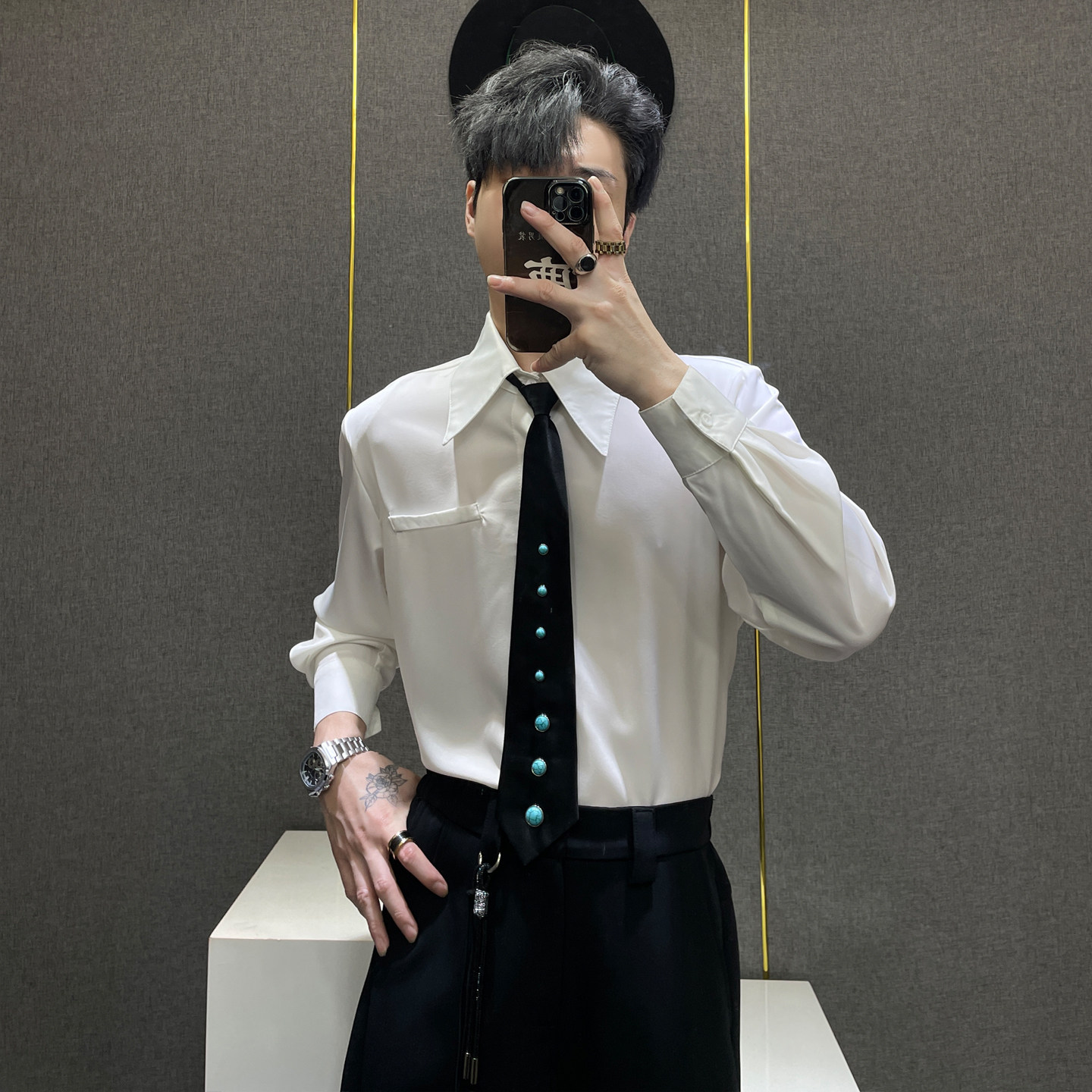 鹿鹿/春季高级感绿松石领带衬衫男长袖痞帅韩版百搭白色衬衣潮