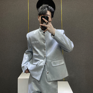 男生秋季 套装 高级感潮流两件套 定制面料银色立领亮面新中式 鹿鹿