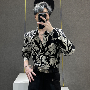 男设计感大领垫肩宽松长袖 冰丝印花衬衫 衬衣百搭上衣 春夏季 鹿鹿