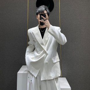 垫肩西装 男小众时尚 外套男模休闲两件套 高级感痞帅西服套装 鹿鹿