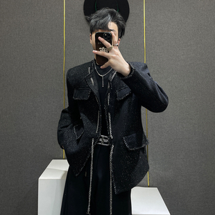 新款 鹿鹿 男秋季 饰黑色西装 轻奢小众设计感痞帅外套 小香风链条装