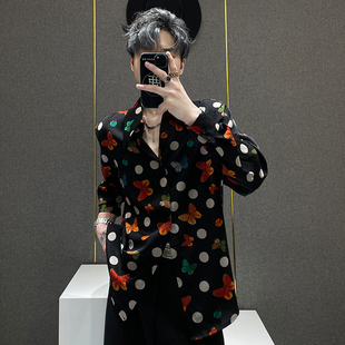 波点蝴蝶印花衬衫 高级感宽松垫肩冰丝长袖 男士 新款 衬衣 夏季 鹿鹿