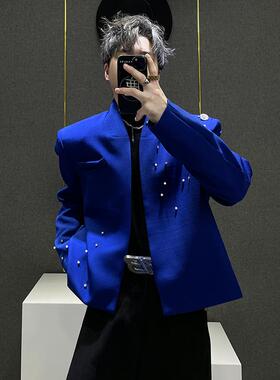 小众珍珠黑色短款小西装外套男士设计宽松百搭无领小香风夹克上衣
