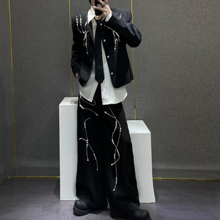 男士 夹克套装 小众钉珠高级设计感垫肩无领西服外套 黑色短款 鹿鹿