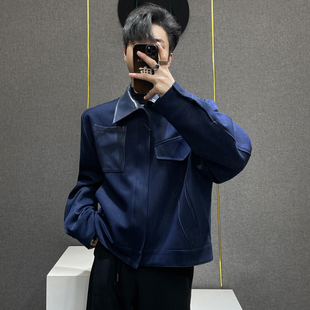 垫肩外套男士 鹿鹿 小众设计感皮拼接翻领夹克男宽松百搭拉链短款