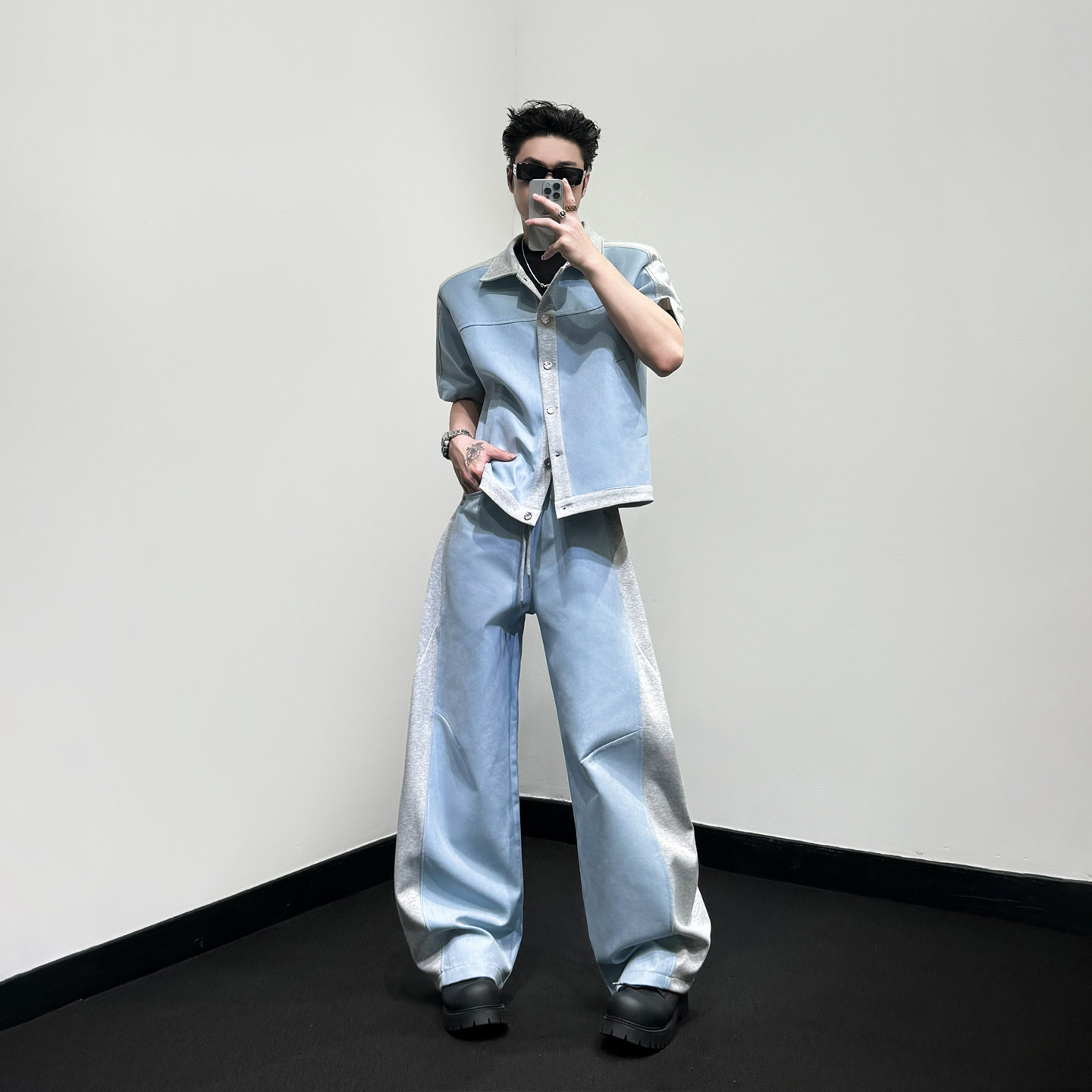 韩潮三/夏季时尚潮流双色拼接翻领短袖夹克宽松休闲弯刀裤套装潮