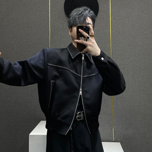 鹿鹿 宽松休闲风 黑色明线翻领夹克男小众设计感拉链外套痞帅韩版