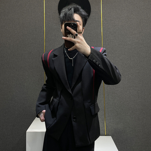 休闲宽松垫肩黑色西服痞帅 外套男士 鹿鹿 小众设计感撞色拼接西装