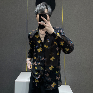 小众潮牌百搭透气长袖 男士 烫金衬衣 高级感轻奢蝴蝶印花衬衫 鹿鹿