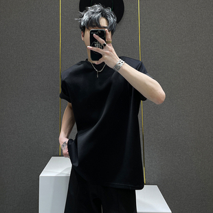 圆领宽松半袖 T恤男生夏季 上衣 重磅简约基础纯色可拆垫肩短袖 鹿鹿