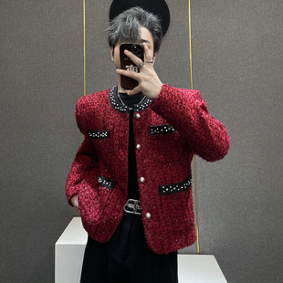 圆领短款 新款 垫肩外套 高级感红色小香风珍珠镶钻夹克男秋季 鹿鹿