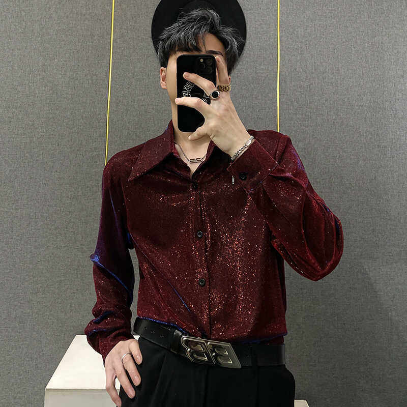 高级感反光满天星透气设计长袖衬衫男装时尚春夏季新款垫肩衬衣潮