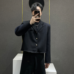 短款 男秋季 垫肩毛边小香风外套男生 小众轻奢高级感呢料西装 鹿鹿