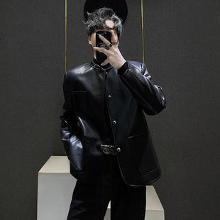 痞帅高级感宽松皮夹克潮 新款 短款 垫肩黑色皮衣小香风外套男秋冬季