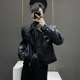 复古痞帅机车垫肩外套潮 蛇纹皮衣夹克男秋季 鹿鹿 小众高级感短款