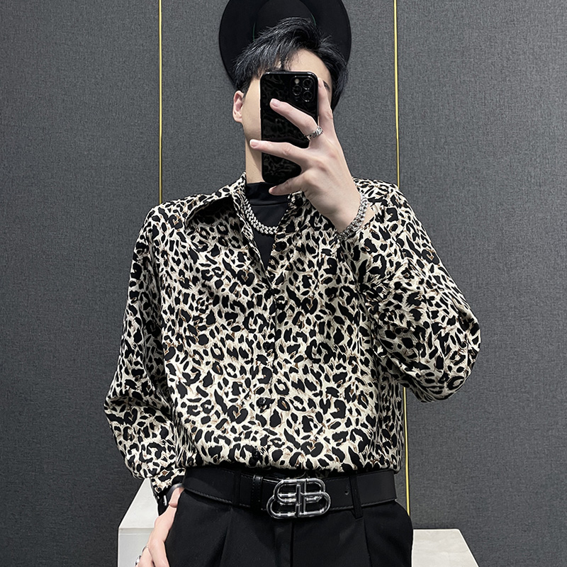 夏季高级感冰丝复古豹纹衬衫男士