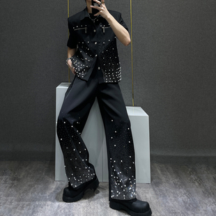 新款 鹿鹿 高端重工燙鉆黑色夾克套裝 男夏季 兩件套 痞帥外套闊腿褲