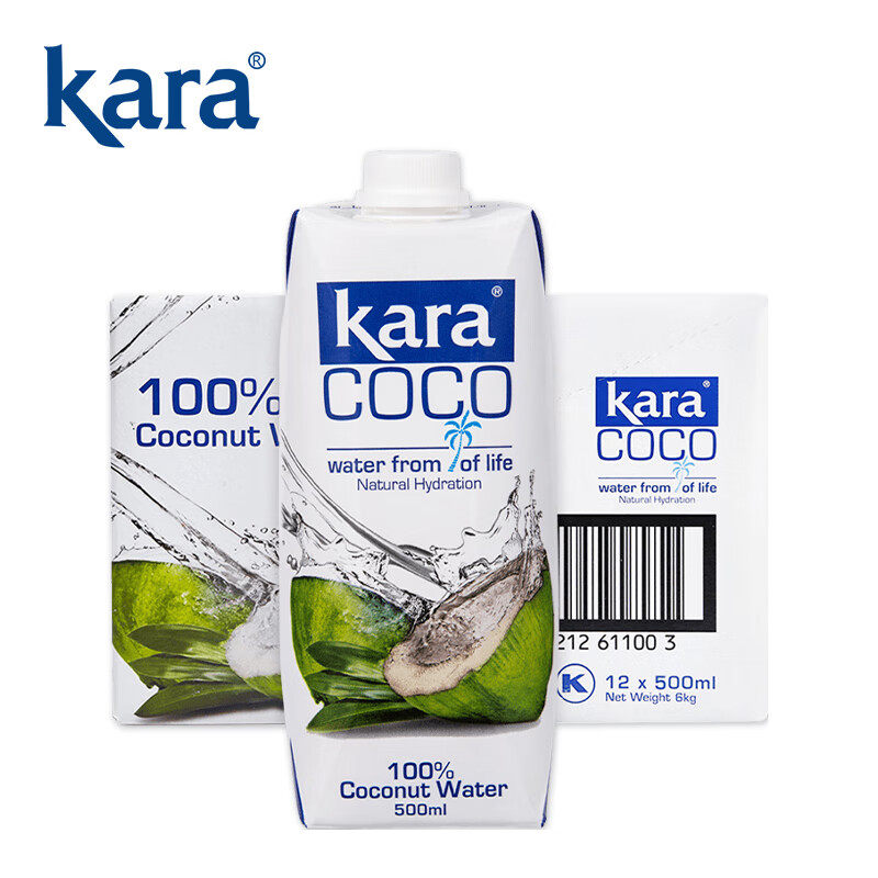 KARA100%椰子水500ml*12瓶 富含电解质 快速补水进口果汁饮料0脂