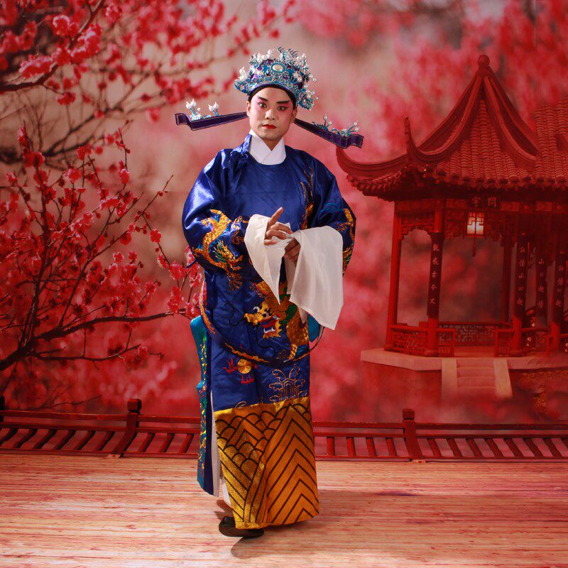 戏曲戏剧舞台服装普男蟒袍包公服装状元演出古装龙U袍浅蓝色大龙