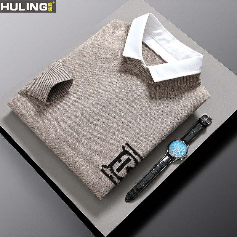 假两件男士毛衣宽松大码长袖春秋薄款翻领打底时尚舒适针织衫潮流