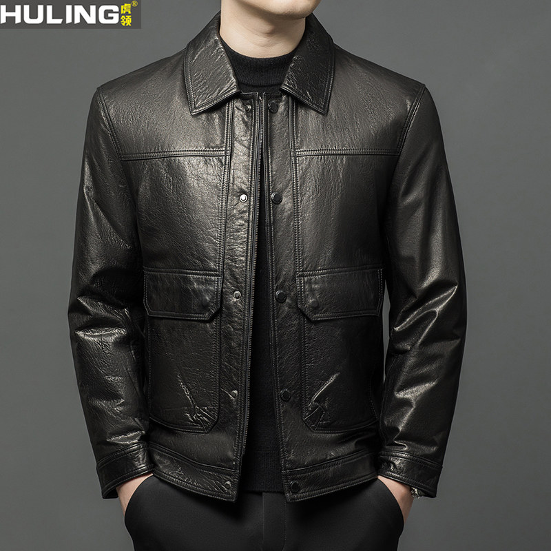 秋冬季新款真皮羽绒服皮衣外套男士翻领牛皮商务休闲白鸭绒皮夹克