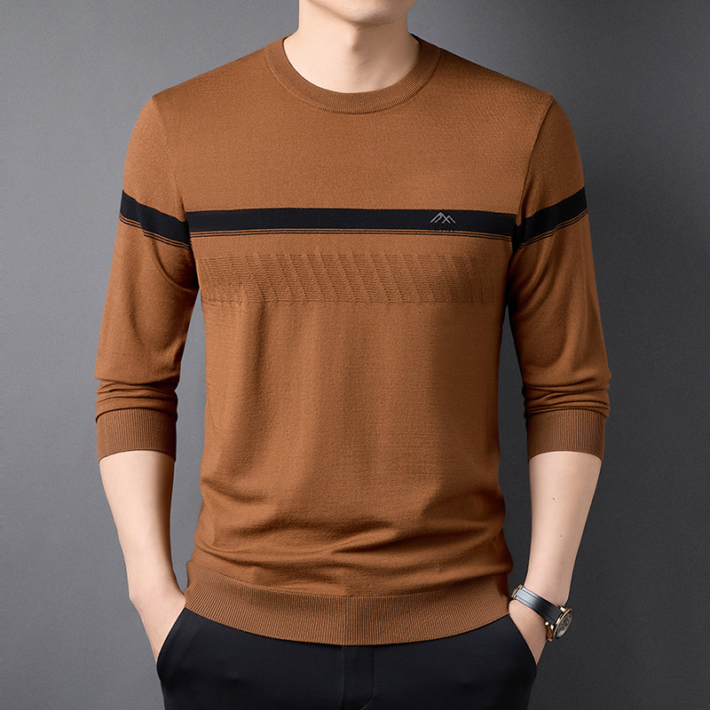春秋季新款毛衣男士圆领提花条纹中年针织打底衫宽松简约高级感
