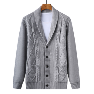 毛衣外套男士装宽松休闲中年父亲春秋季加厚麻花辫翻领针织开衫