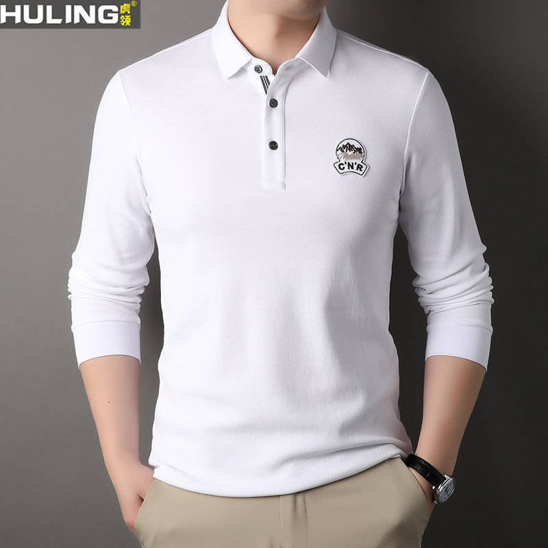 男士长袖纯棉t恤春秋季新款翻领打底刺绣上衣商务休闲Polo衫男装