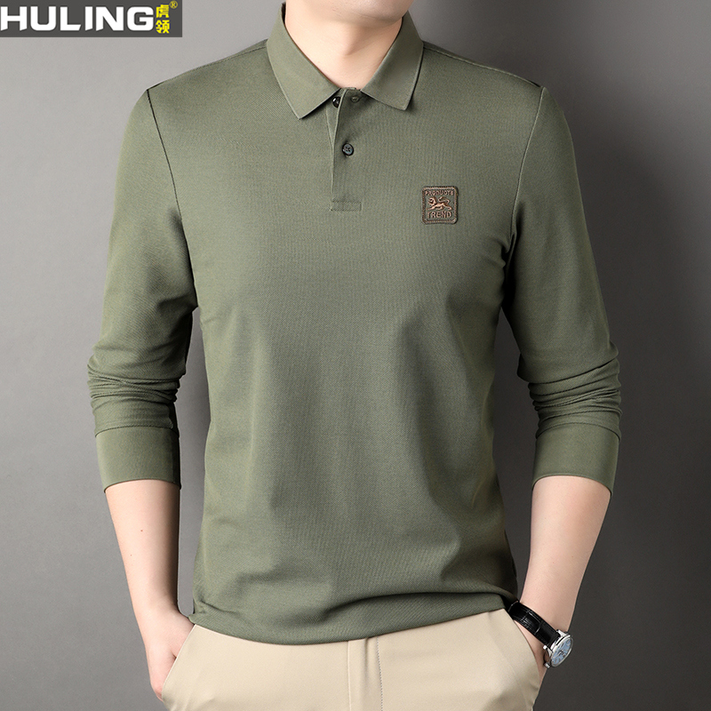 100%纯棉男士春秋季长袖t恤新款上衣中年商务休闲男装刺绣Polo衫