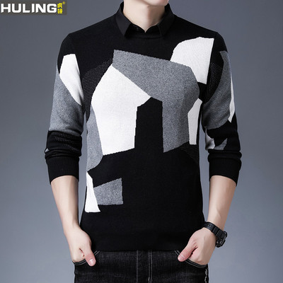 假两件撞色潮流衬衫领男款毛衣