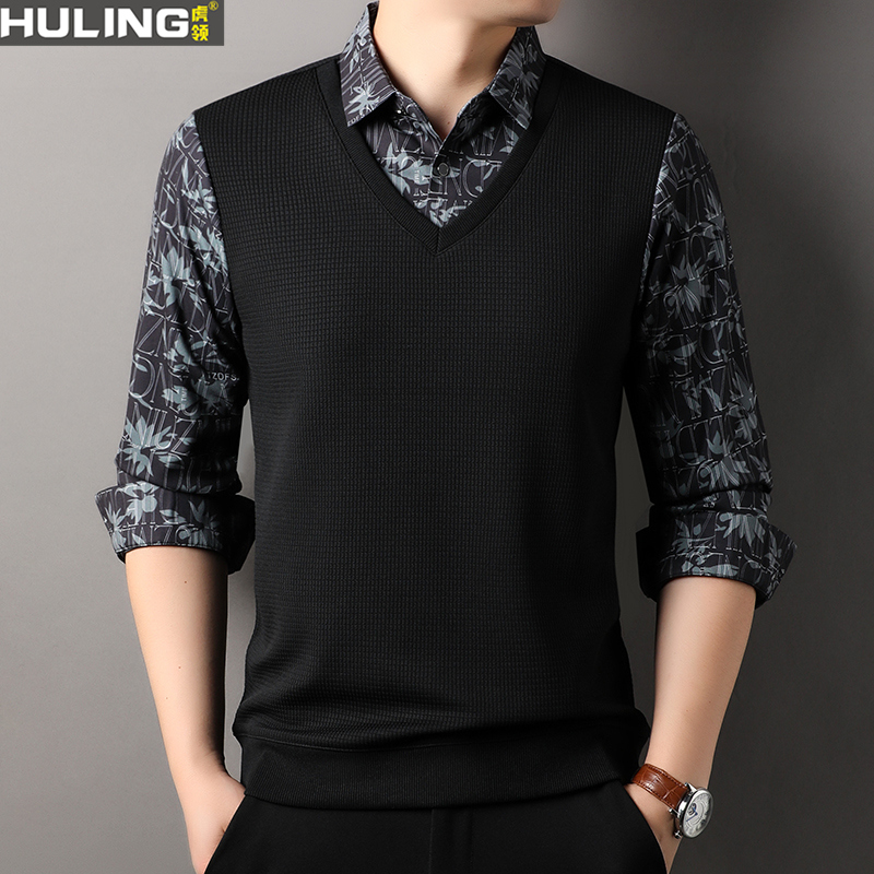 春秋季新款男士假两件长袖衬衫拼接一体式衬衫领上衣中年爸爸男装