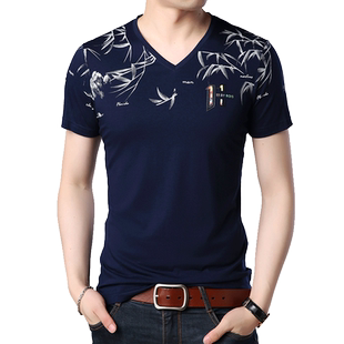 男士短袖t恤中国风中青年潮上衣打底衫竹叶鸡心领夏男装半袖体恤