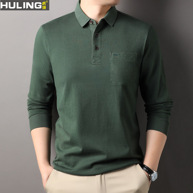 男士polo衫100%纯棉真口袋翻领长袖T恤衫春秋季新款中年爸爸上衣