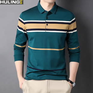 春秋季休闲男士翻领纯棉条纹长袖t恤中年宽松polo衫时尚简约体恤