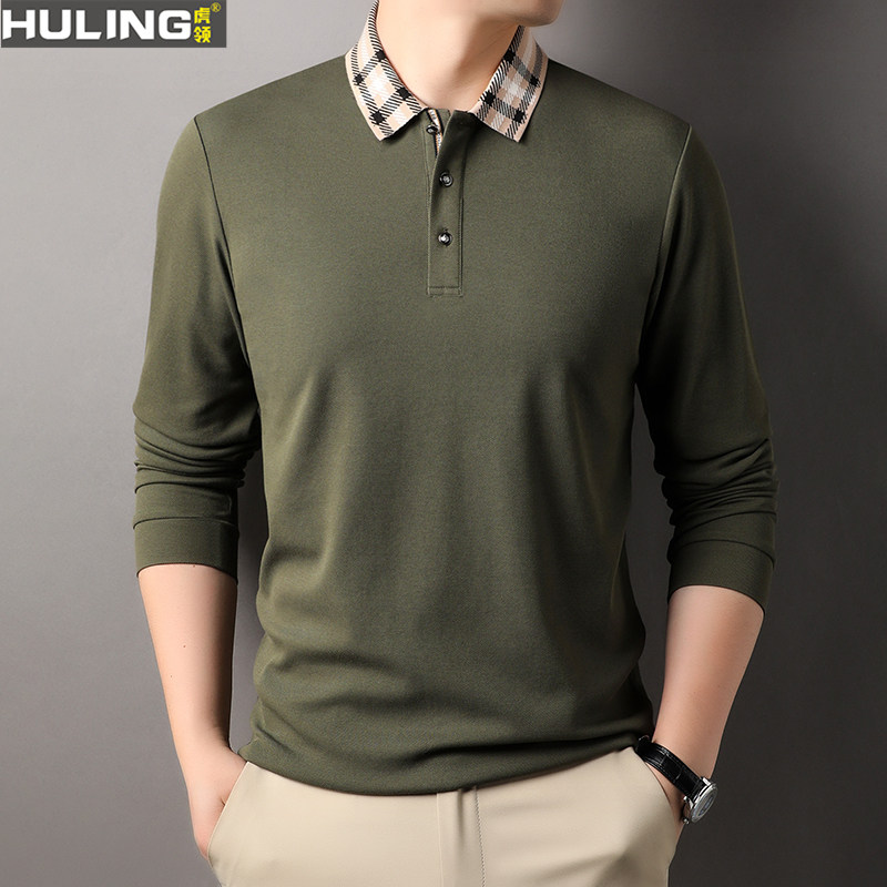春秋季长袖丝光棉T恤男新款宽松商务休闲中年爸爸男装POLO衫上衣