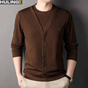 假两件长袖体T恤双层领开衫男士韩版潮流休闲春秋季V领男装外套