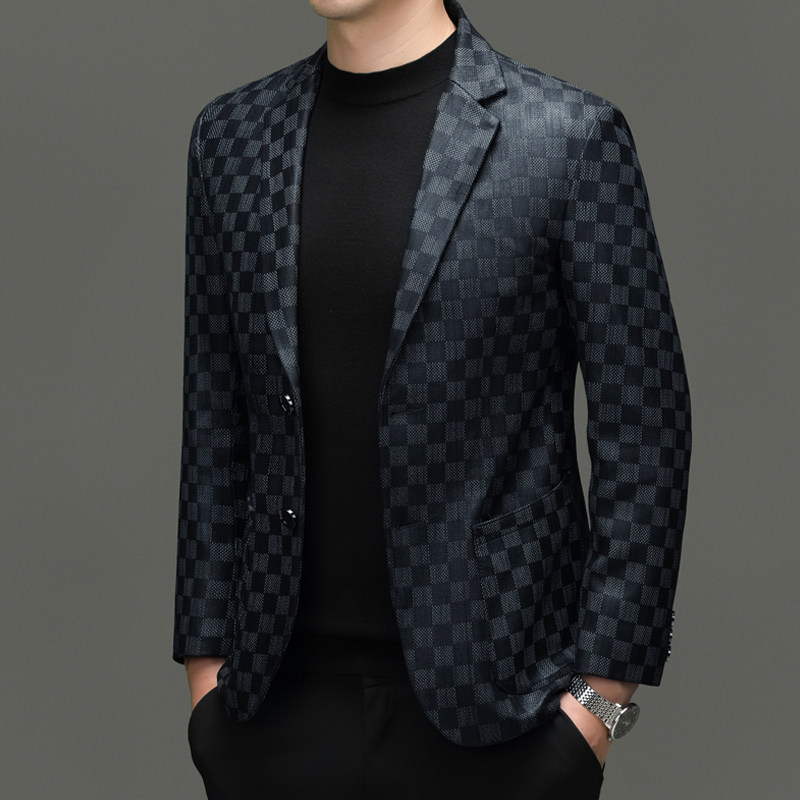 绵羊皮中年休闲格子春秋单西服男