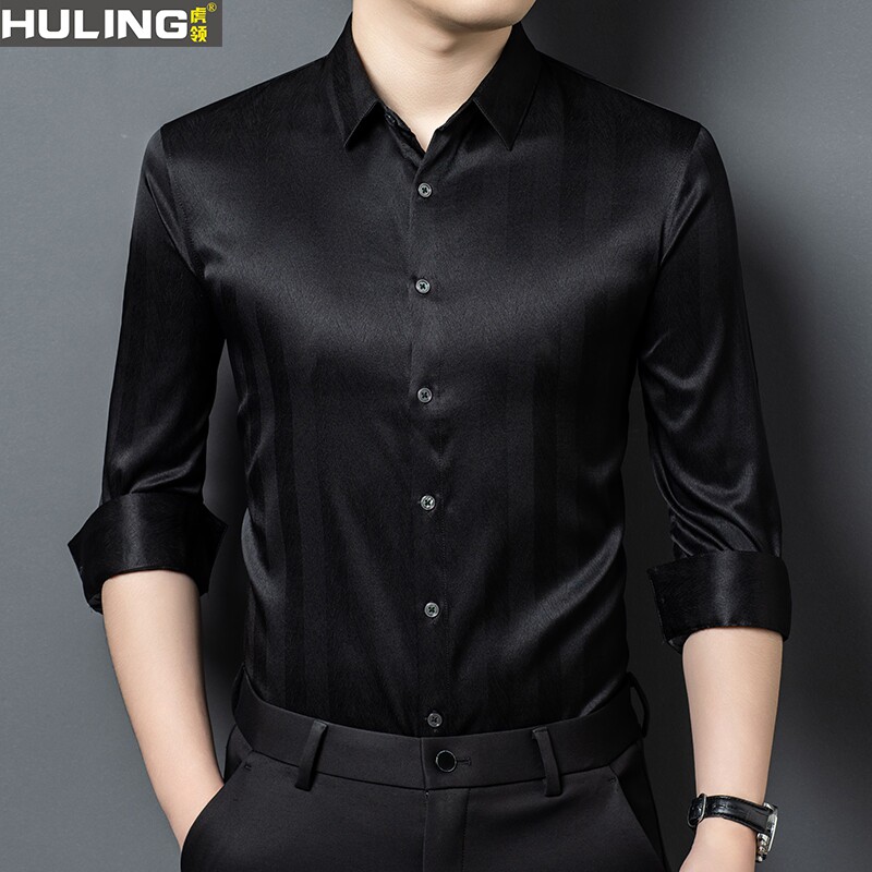 商务穿搭长袖衬衫男桑蚕丝夏季新款百搭舒适黑色翻领免烫透气衬衣