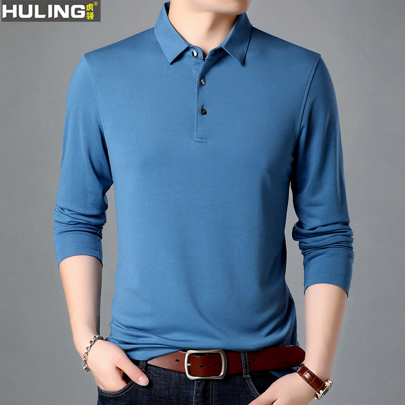 男士春秋长袖T恤时尚简约翻领纯色莫代尔弹力POLO衫休闲男装上衣