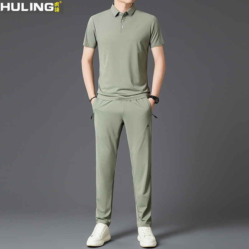 男士翻领短袖POLO衫夏季薄款套装冰丝休闲运动中年男装长裤两件套