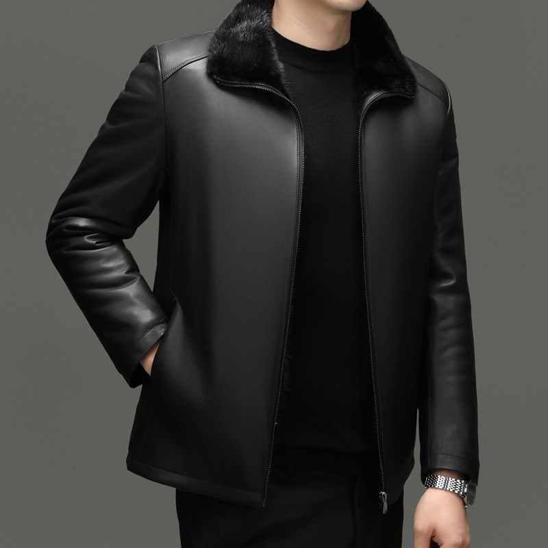 皮夹克男皮衣中老年潮流时尚皮衣爸爸加绒男士一体装加厚皮毛外套