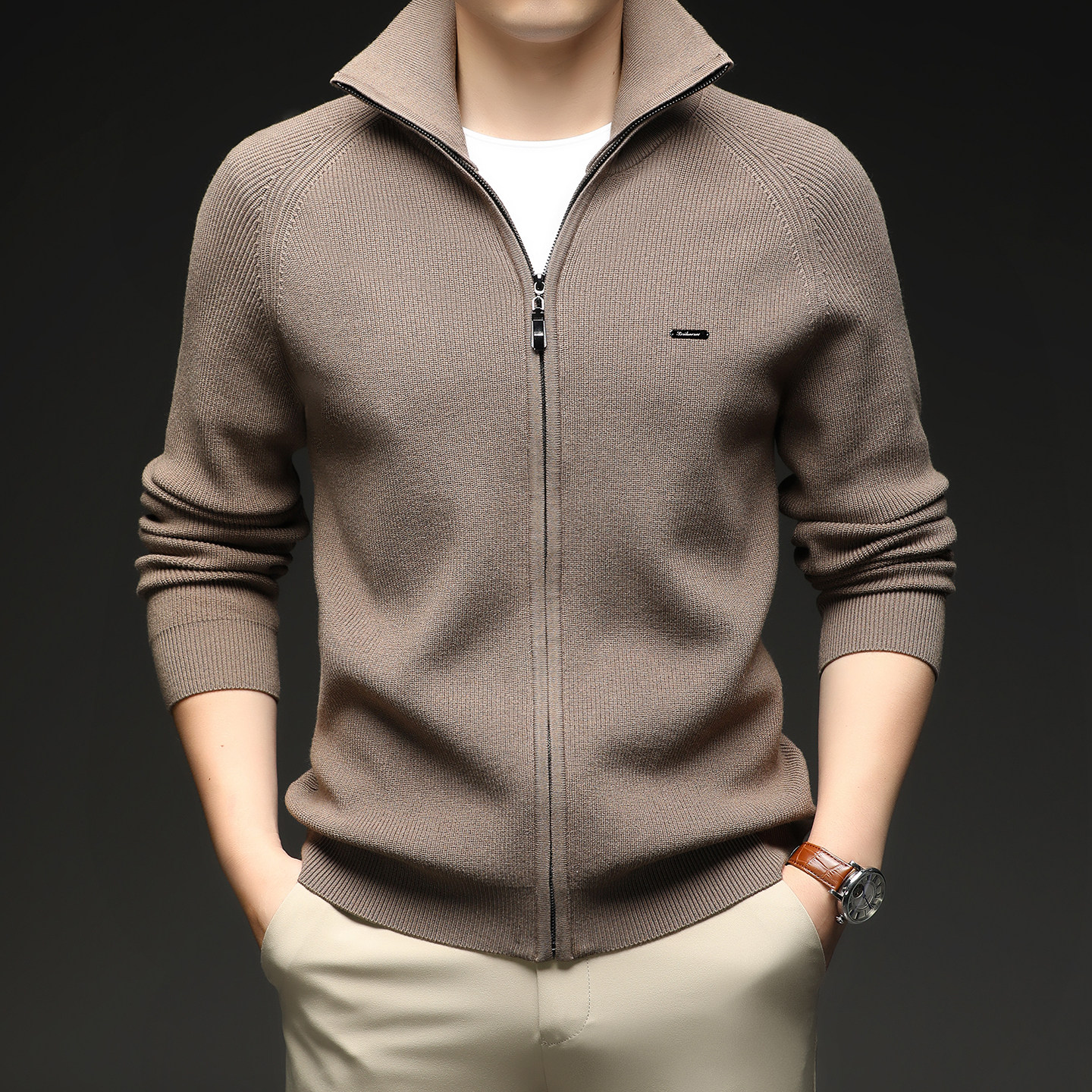 男士高领长袖开衫春秋季新款时尚毛衣保暖拉链衫休闲针织外套男