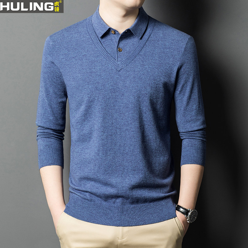 春秋季假两件长袖内搭针织衫休闲中年男装宽松时尚衬衫领男装上衣