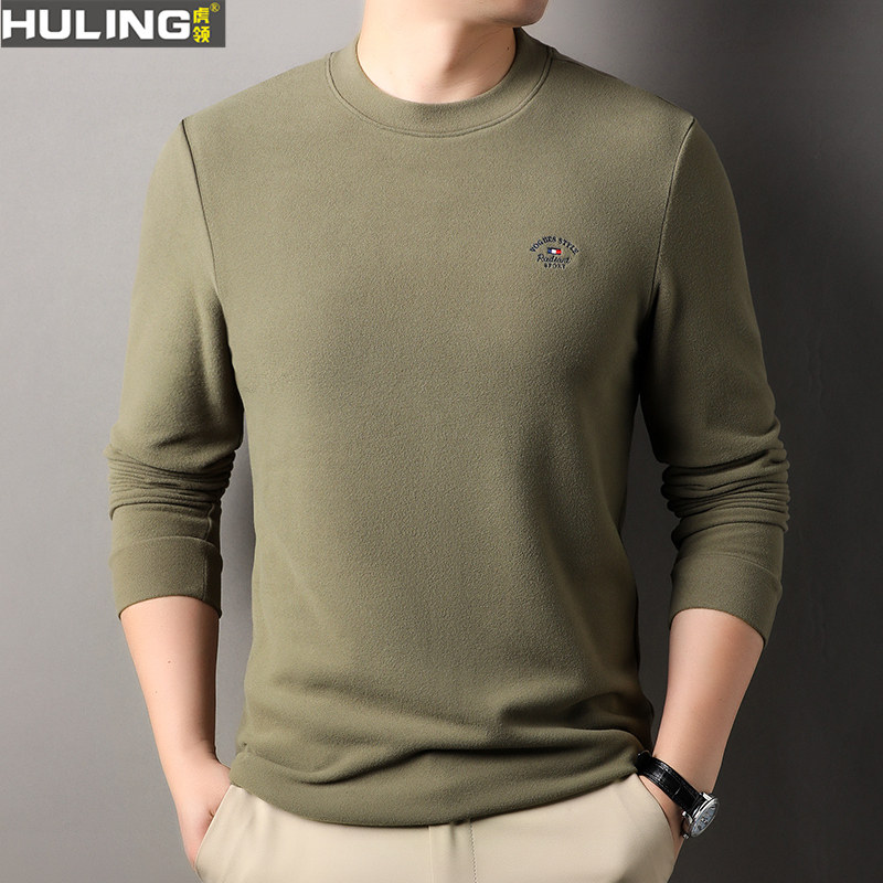 双面澳绒t恤男长袖圆领春季新款刺绣百搭打底衫中年爸爸春装上衣